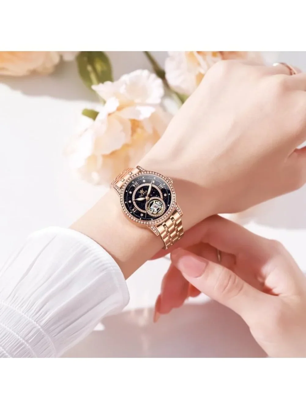 Women’s Rose Blue Automatic Starry Sky Diamond Bezel Luxury Mechanical Watches